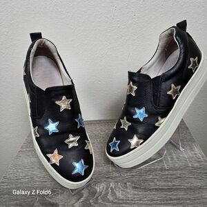 Made in Spain Leather Slip-On Sneakers Black Metallic Star Embellished‎ 38